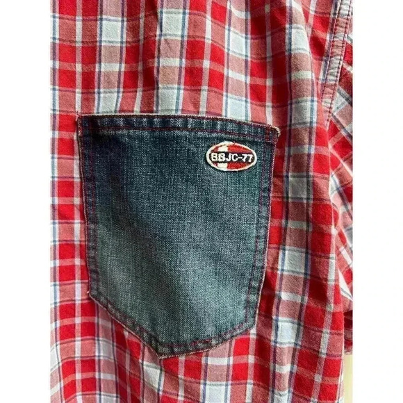 Bugle Boy Vintage Men's Large Plaid Denim Pocket Hawaiian Flowers Shirt 90s - Picture 4 of 9